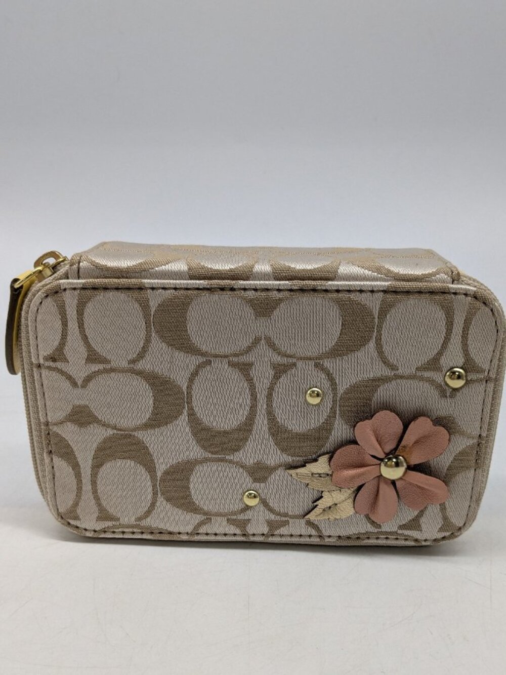 Coach Monogram Canvas Leather Flower Applique Travel Jewelry Box